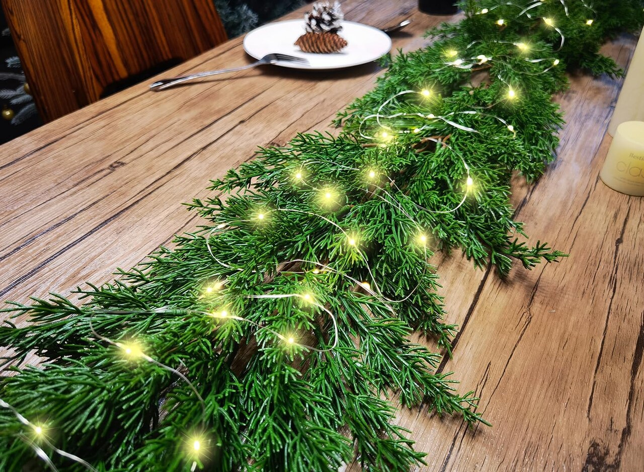 6FT Cedar Garland Realistic Christmas Garland with 16 FT LED Lights String